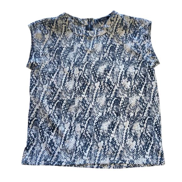 Mango MNG Basics Snake Print Blouse Short Sleeve Back Zip Blue Womens Size XS‎ - Picture 1 of 5